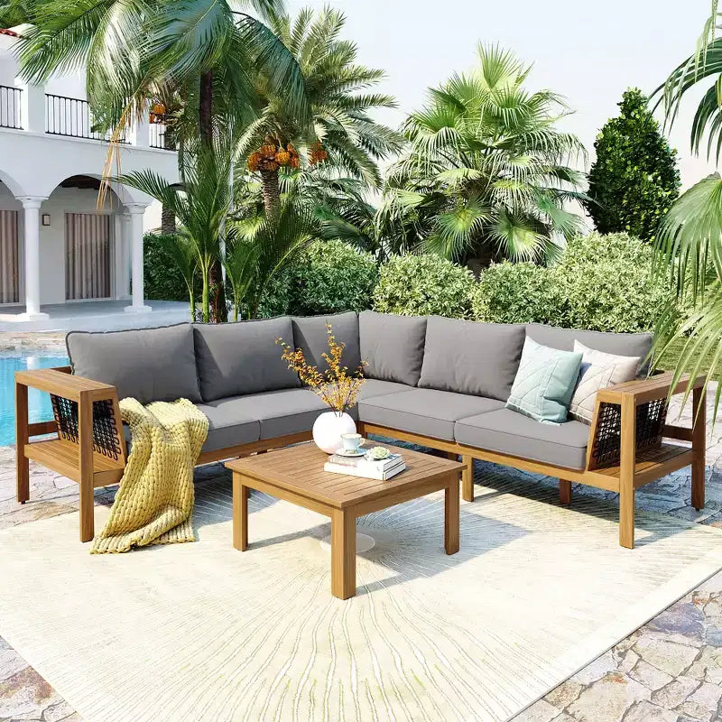 ModernLuxe Ensemble de canapés de jardin en L 4 pièces, en bois d'acacia, avec accoudoirs en corde tressée et table basse