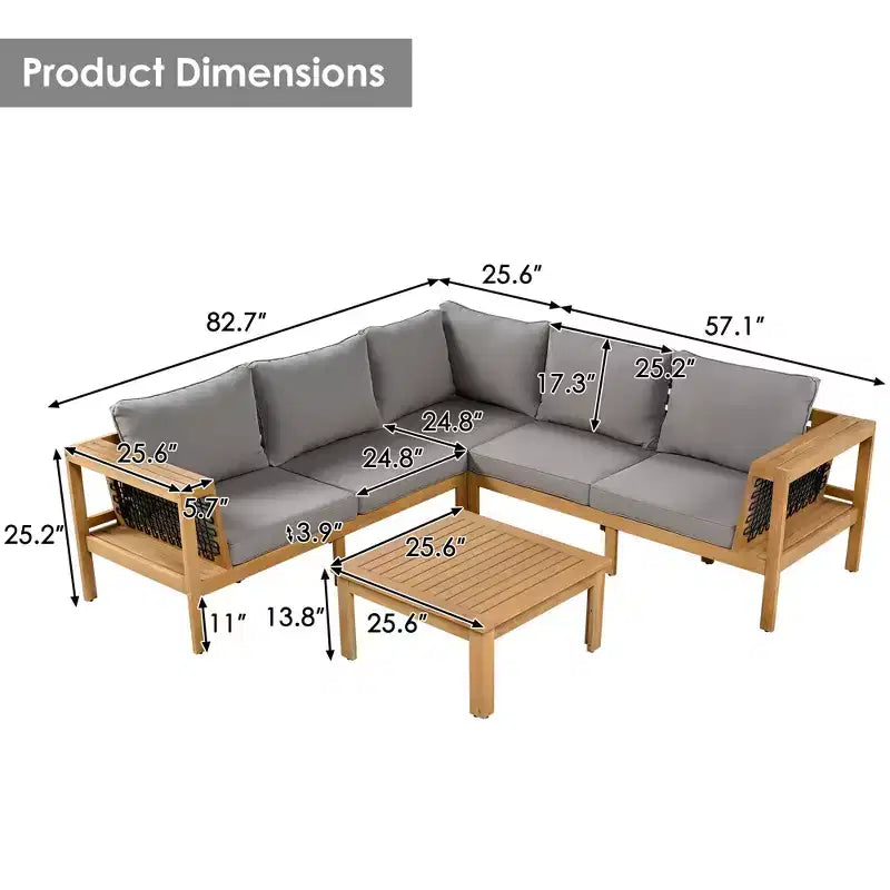 ModernLuxe Ensemble de canapés de jardin en L 4 pièces, en bois d'acacia, avec accoudoirs en corde tressée et table basse