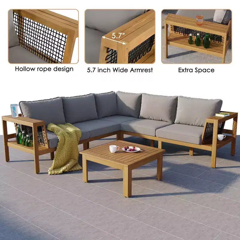 ModernLuxe Ensemble de canapés de jardin en L 4 pièces, en bois d'acacia, avec accoudoirs en corde tressée et table basse