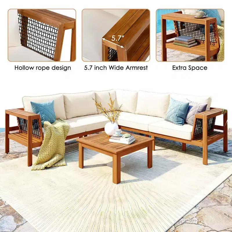 ModernLuxe Ensemble de canapés de jardin en L 4 pièces, en bois d'acacia, avec accoudoirs en corde tressée et table basse