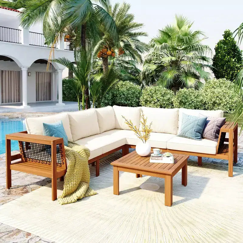 ModernLuxe Ensemble de canapés de jardin en L 4 pièces, en bois d'acacia, avec accoudoirs en corde tressée et table basse