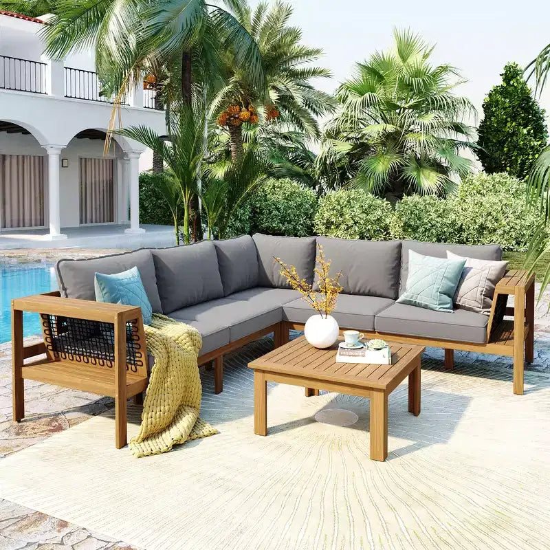 ModernLuxe 4pcs Outdoor L-Shaped Sofa Set, Acacia Wood Patio Conversation Set, Woven Rope Armrests with Coffee Table