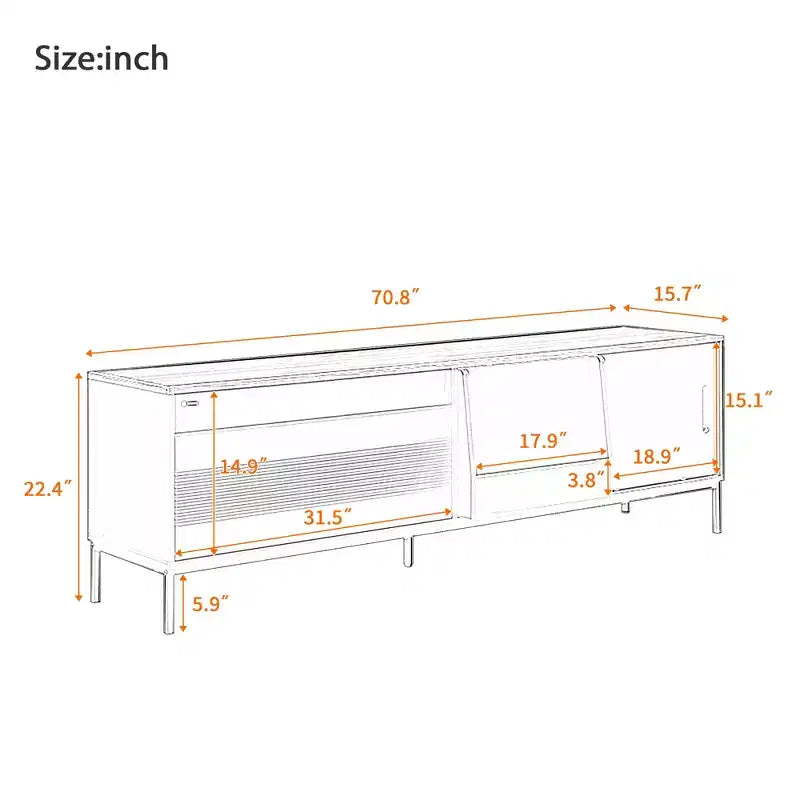 Meuble TV de 180 cm, adapté aux téléviseurs jusqu'à 75 pouces, avec portes coulissantes et étagères réglables. Meuble TV multimédia de style moderne du milieu du siècle.