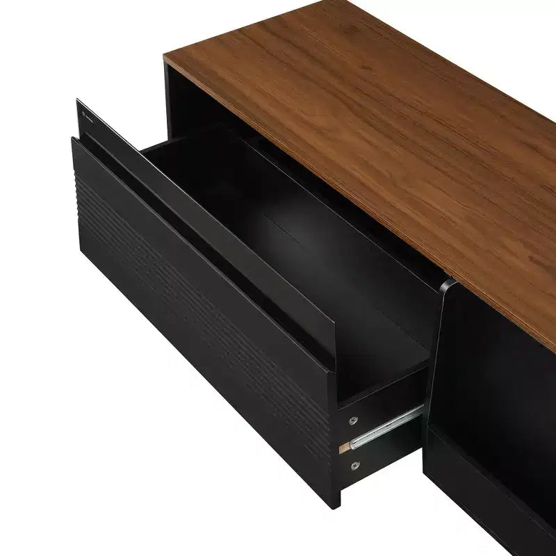 Meuble TV de 180 cm, adapté aux téléviseurs jusqu'à 75 pouces, avec portes coulissantes et étagères réglables. Meuble TV multimédia de style moderne du milieu du siècle.