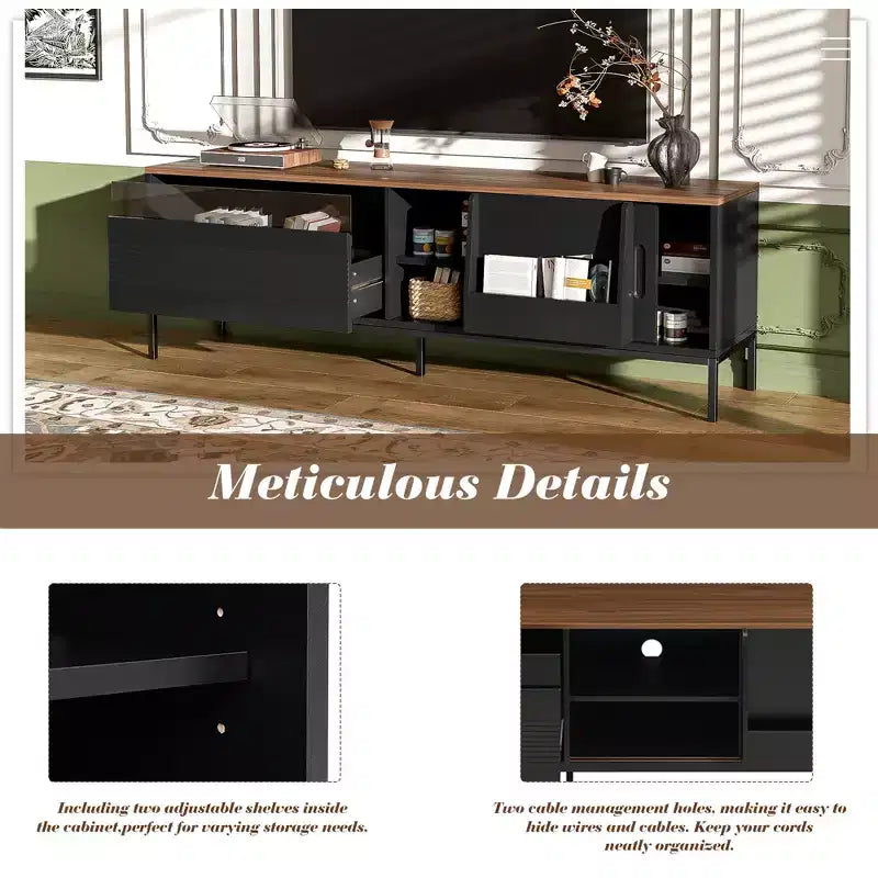 Meuble TV de 180 cm, adapté aux téléviseurs jusqu'à 75 pouces, avec portes coulissantes et étagères réglables. Meuble TV multimédia de style moderne du milieu du siècle.