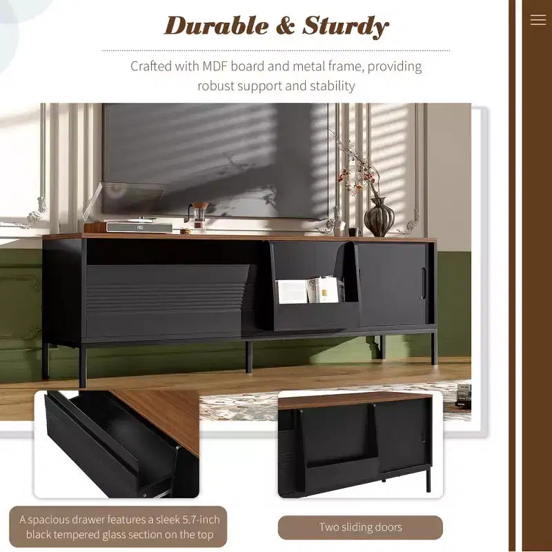 Meuble TV de 180 cm, adapté aux téléviseurs jusqu'à 75 pouces, avec portes coulissantes et étagères réglables. Meuble TV multimédia de style moderne du milieu du siècle.