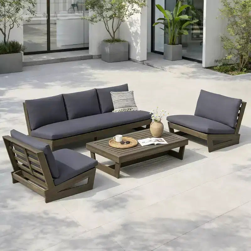 Christopher Knight Home Iman Ensemble de salon de jardin moderne 4 pièces en acacia avec coussins et table basse à lattes