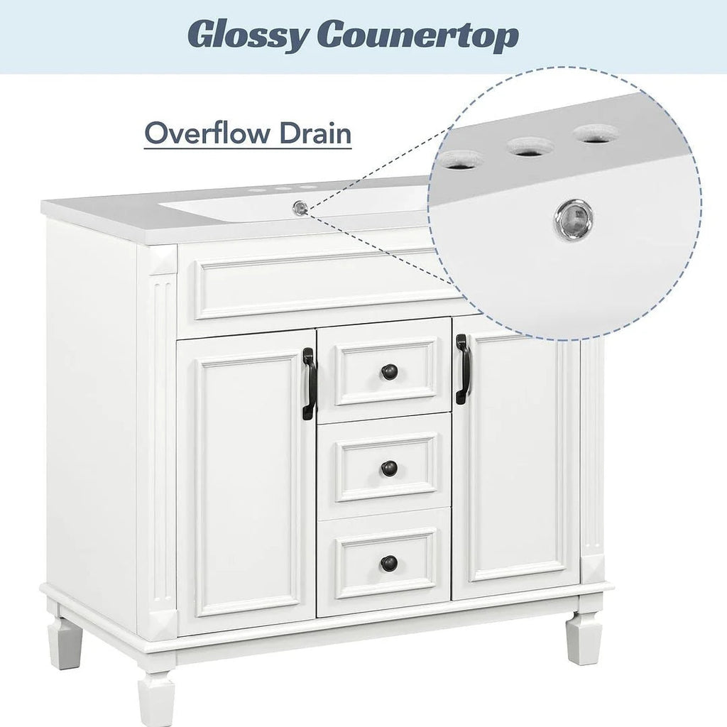 Meuble-lavabo de salle de bain moderne de 91 cm avec lavabo et armoire de toilette, 2 portes et 2 tiroirs