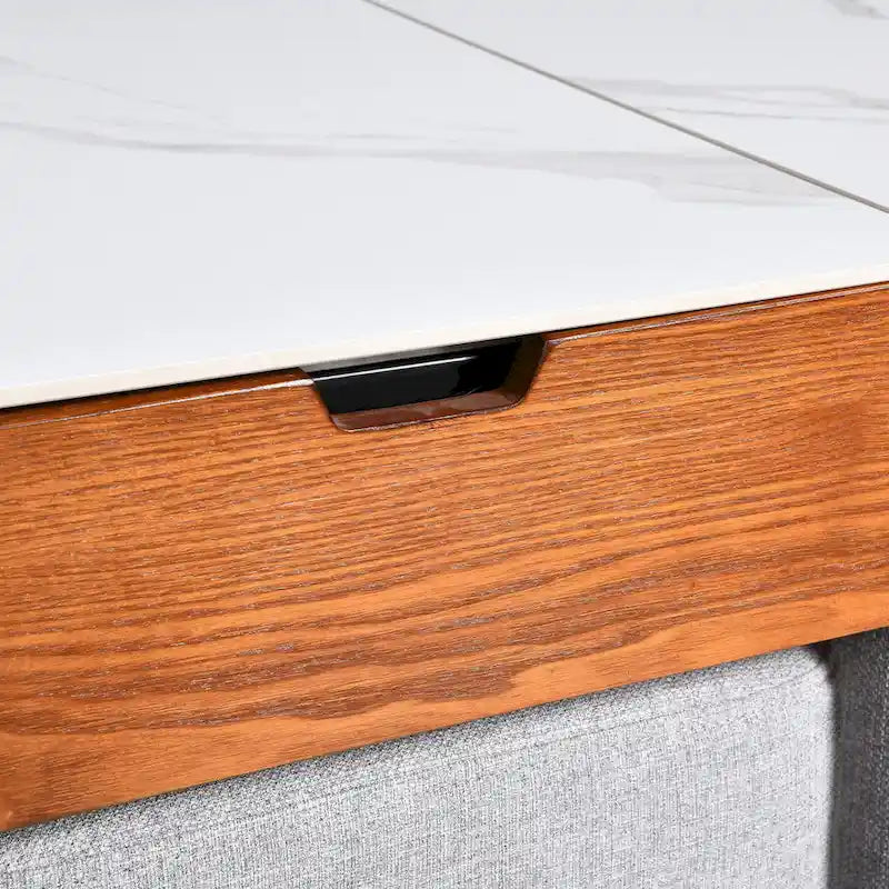 Table basse relevable avec rangement dissimulé et 4 poufs