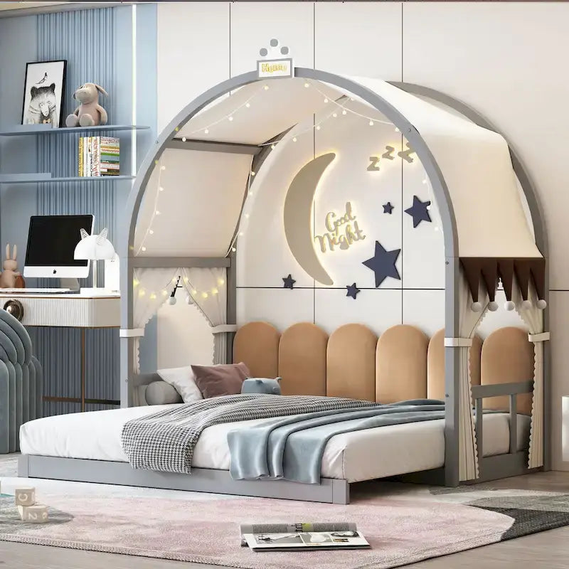 Lit plateforme Montessori au sol en bois massif, style maisonnette avec toit arqué et lit gigogne, pour filles et garçons