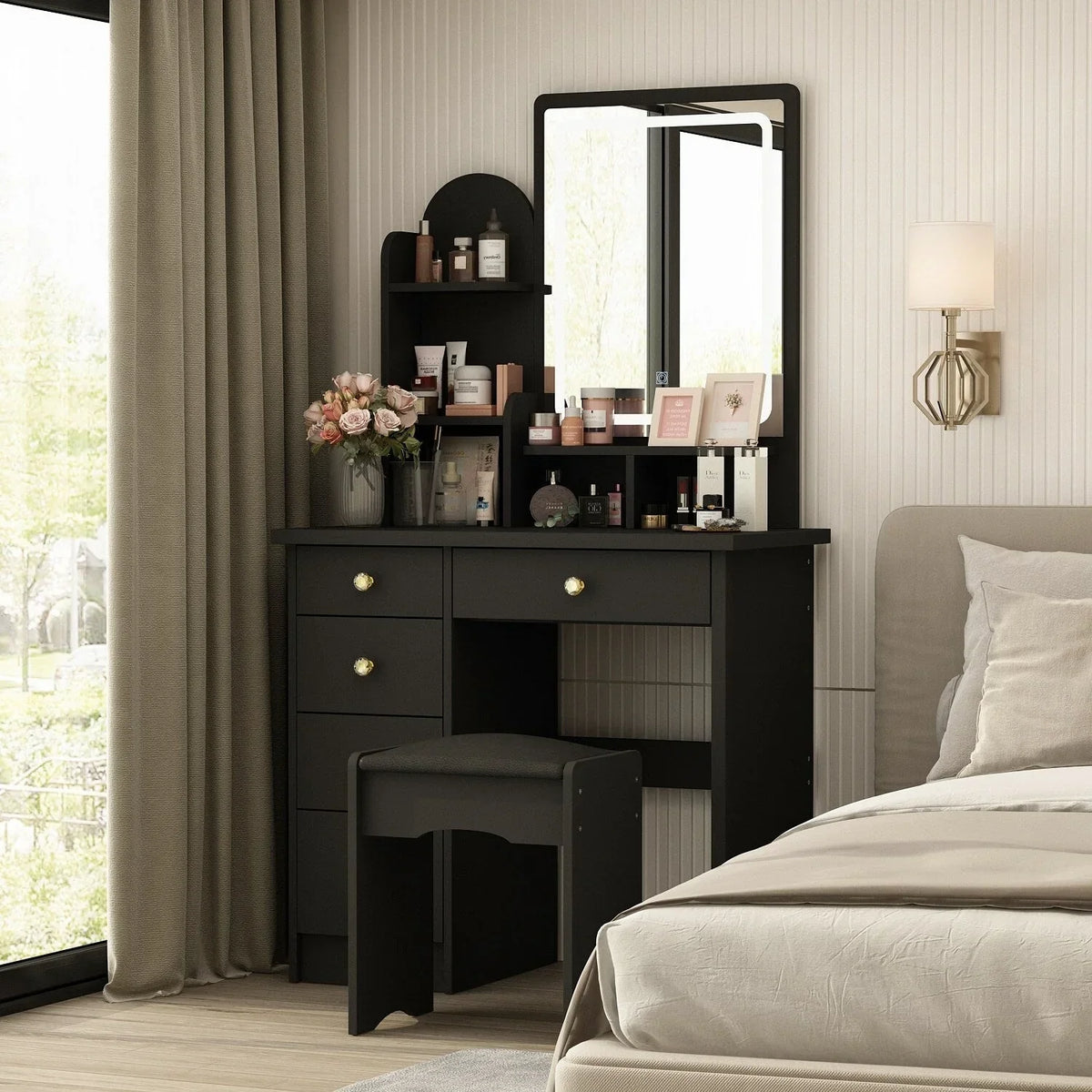 Coiffeuse avec miroir, éclairage LED et tabouret
