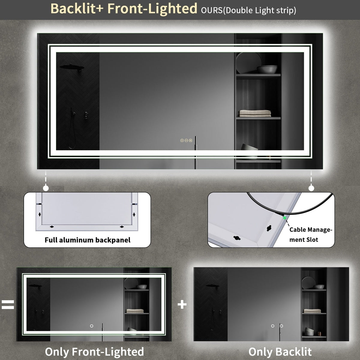 Miroir de Salle de Bain LED Extra Large Mural Anti-Buée Maquillage 3 Couleurs