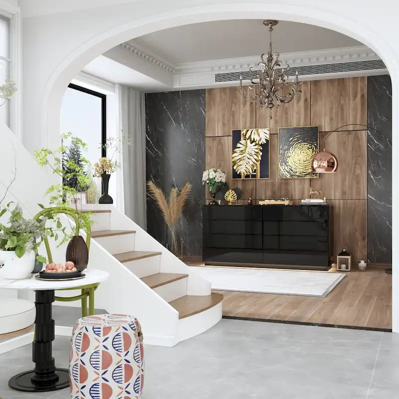 Commode 63 à finition haute brillance avec caisson éclairé à 8 tiroirs et plateau spacieux