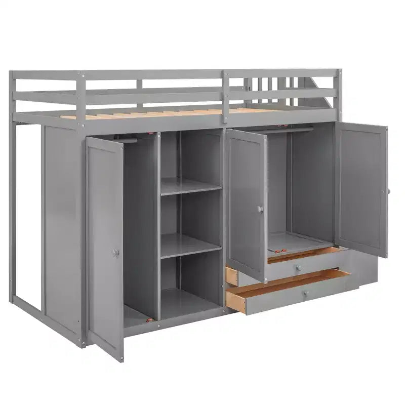 Lit mezzanine fonctionnel 93.3 avec armoires, étagères, tiroirs et échelle de rangement