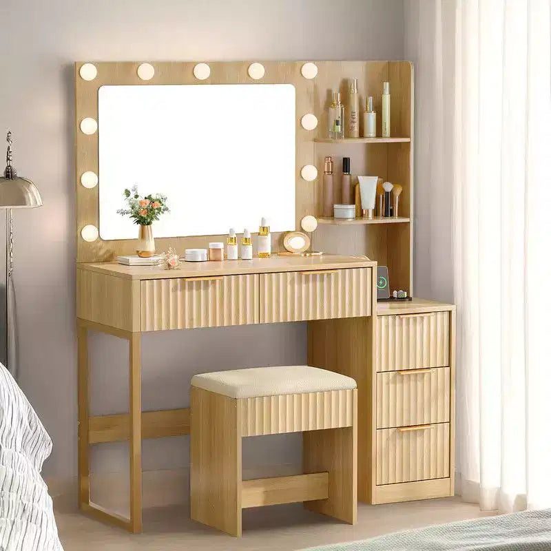 Panneau de particules blanc plaqué mélamine texturée, étagère à 2 niveaux et 5 tiroirs, avec 11 ampoules tricolores à intensité variable, ensemble coiffeuse