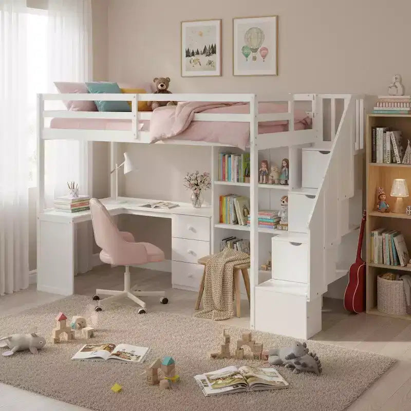 Lit mezzanine une place avec bureau en L, 3 tiroirs, placard, rangements intégrés dans l'escalier, en pin massif/MDF