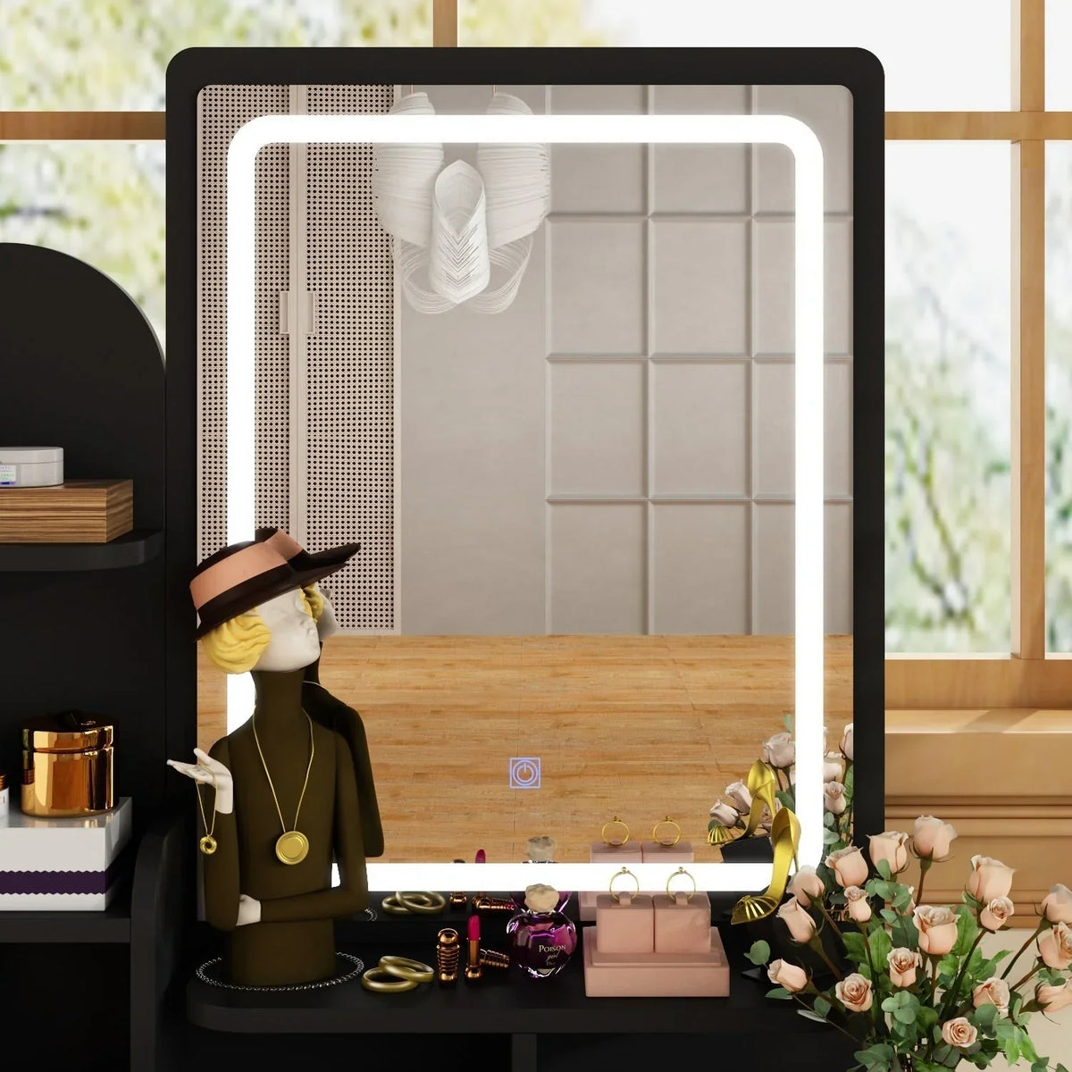 Coiffeuse avec miroir, éclairage LED et tabouret