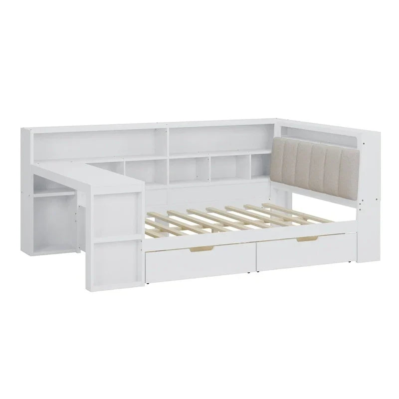 Canapé-lit en bois en L avec bureau, bibliothèque avec placard, lit d’angle avec tiroirs sous le lit, tête de lit rembourrée avec éclairage intégré