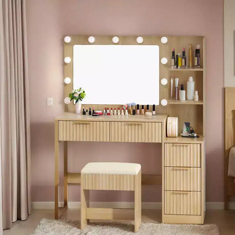 Panneau de particules blanc plaqué mélamine texturée, étagère à 2 niveaux et 5 tiroirs, avec 11 ampoules tricolores à intensité variable, ensemble coiffeuse