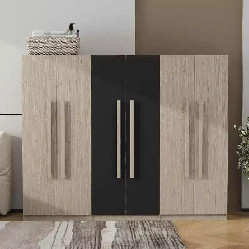 83W Armoire 6 Portes, Rangement de Vêtements avec 2 Tiroirs, Tringles et Étagères, Noir+Naturel-ModernLuxe