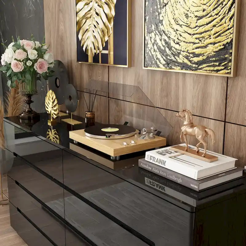 Commode 63 à finition haute brillance avec caisson éclairé à 8 tiroirs et plateau spacieux