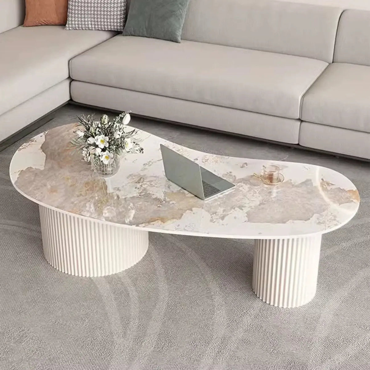 Table basse ovale standard blanche minimaliste avec 2 tiroirs