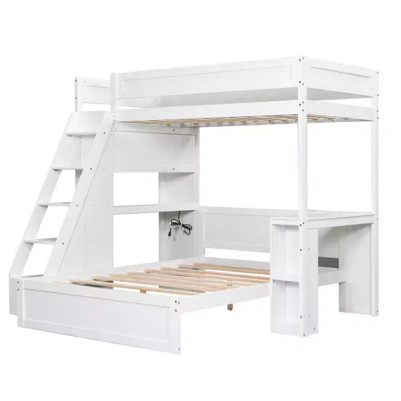 Lit superposé simple XL sur double avec bureau et USB, en bois massif avec étagères latérales et rangement sous le lit