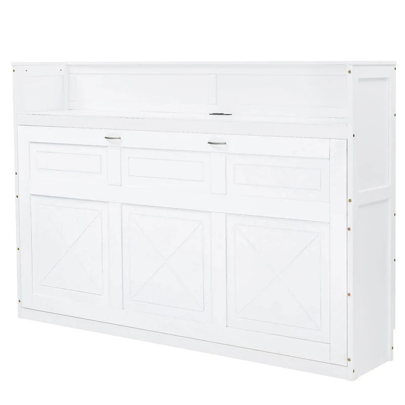Lit escamotable Twin XL avec bureau et lumière LED, cadre en bois massif avec station de recharge USB, pour petits espaces et bureaux à domicile