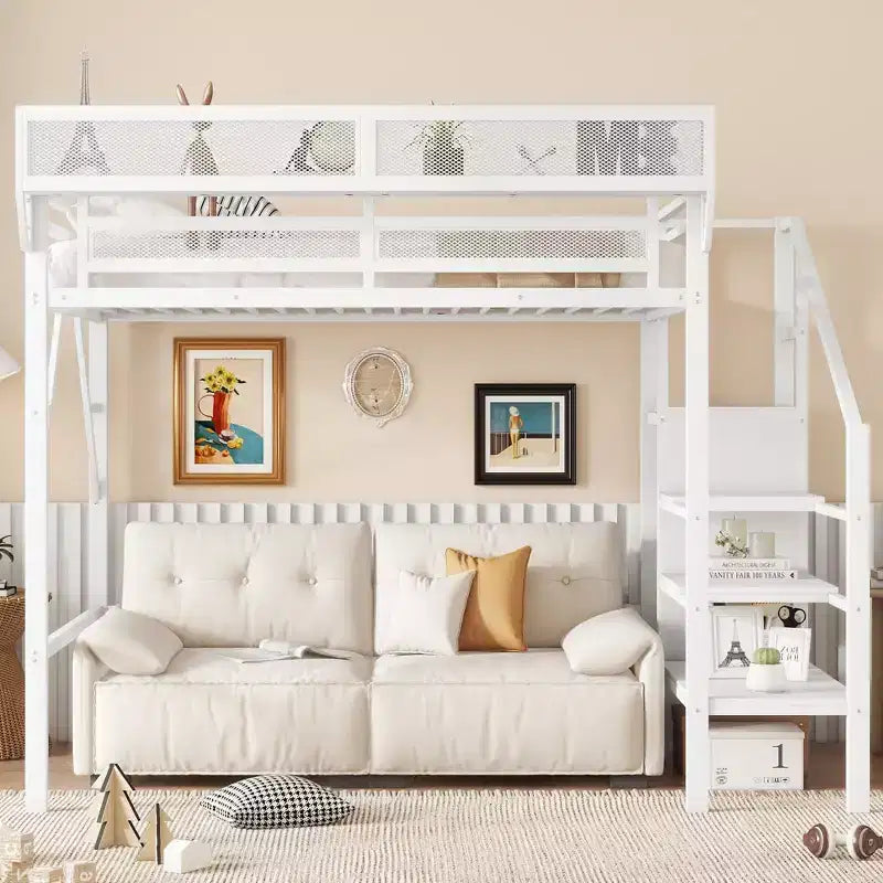 Lit mezzanine jumeau Okak 94IN avec armoire, lit jumeau avec étagères de rangement et panier, cadres de lit pour chambre à coucher, dortoir