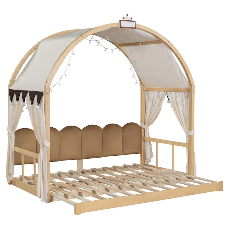 Lit plateforme Montessori au sol en bois massif, style maisonnette avec toit arqué et lit gigogne, pour filles et garçons