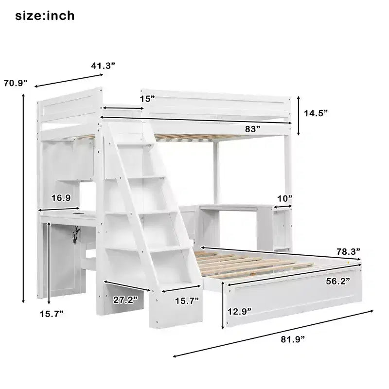 Lit superposé simple XL sur double avec bureau et USB, en bois massif avec étagères latérales et rangement sous le lit