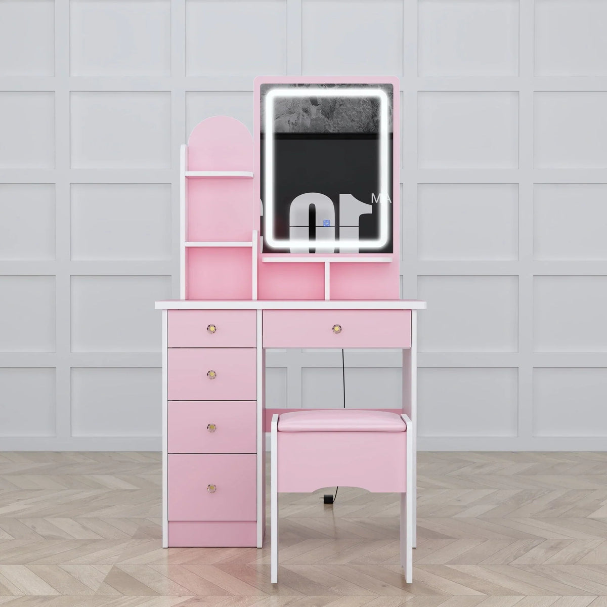 Coiffeuse avec miroir, éclairage LED et tabouret