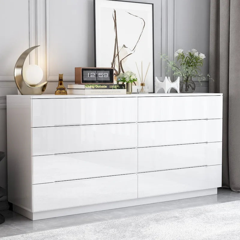 Commode 63 à finition haute brillance avec caisson éclairé à 8 tiroirs et plateau spacieux
