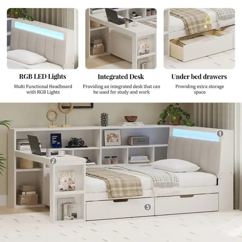 Canapé-lit en bois en L avec bureau, bibliothèque avec placard, lit d’angle avec tiroirs sous le lit, tête de lit rembourrée avec éclairage intégré