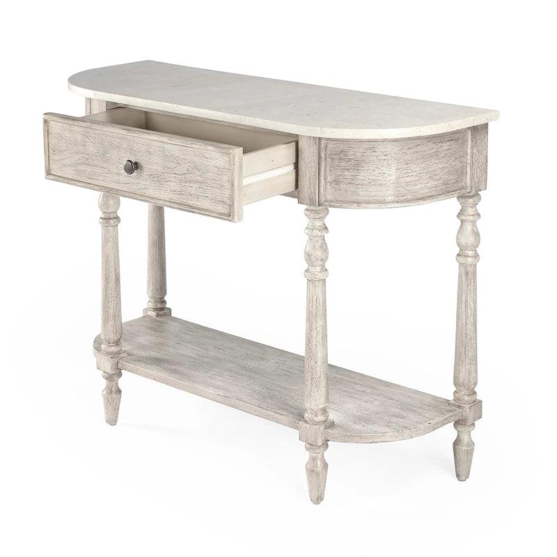 Table console avec plateau en marbre â€?Marron clair / gris / noir délavé, demi-lune, montage par une personne
