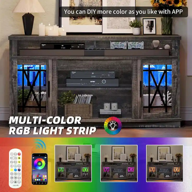 Meuble TV haut 2 portes avec lumières LED Moasis de 59 pouces pour téléviseurs jusqu'à 70 pouces