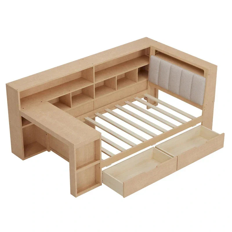 Canapé-lit en bois en L avec bureau, bibliothèque avec placard, lit d’angle avec tiroirs sous le lit, tête de lit rembourrée avec éclairage intégré
