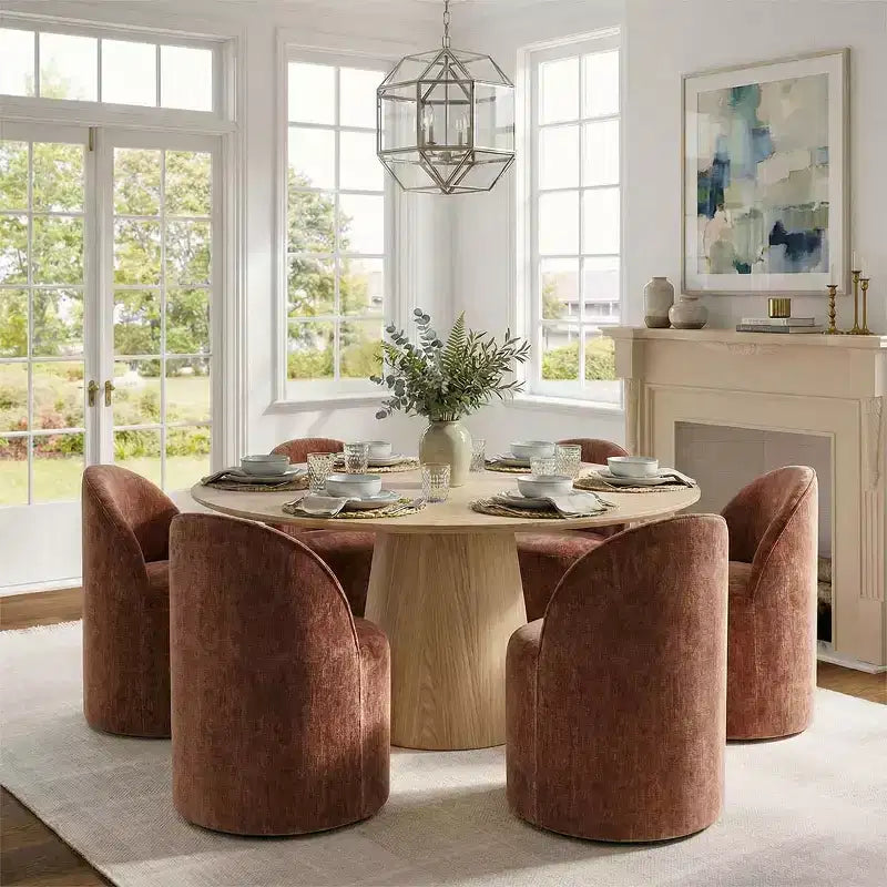 Ensemble de salle à manger moderne pour 6 personnes, table à manger ronde avec pied central, chaises de salle à manger pivotantes à roulettes, tissu chenille texturé - Panipeachy