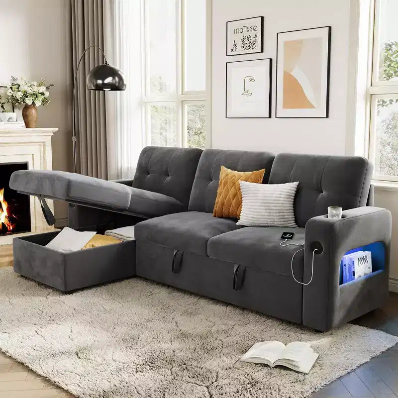 Canapé-lit d'angle réversible en velours 84 po – Canapé sectionnel convertible avec rangement, station de recharge et lumières DEL pour salon