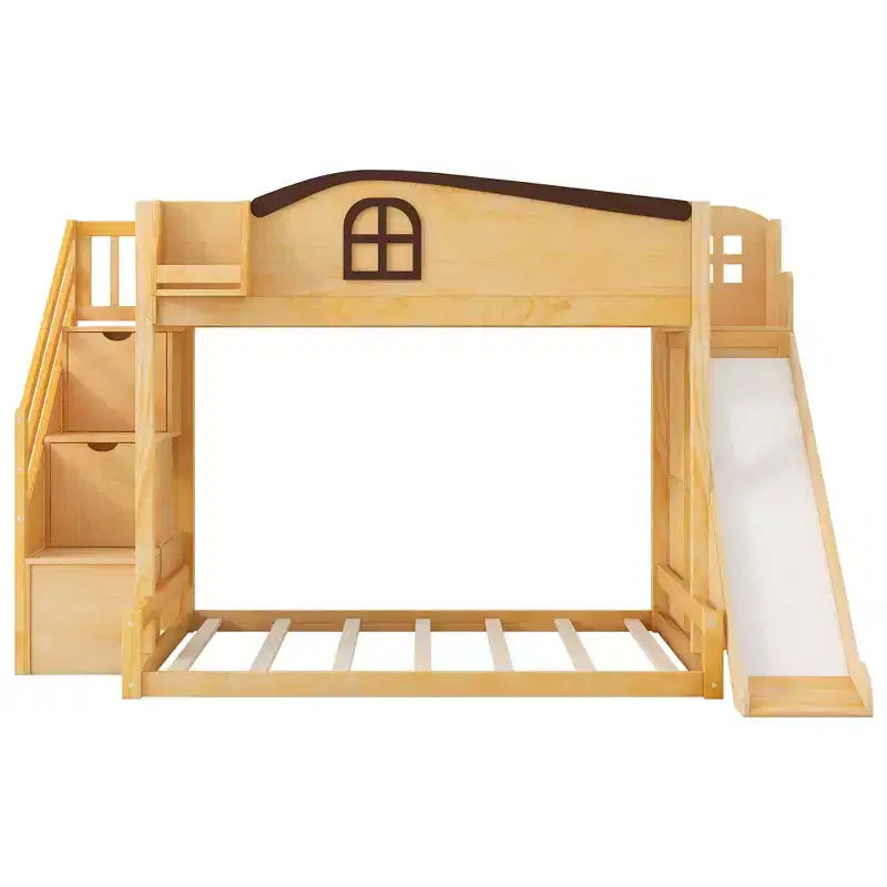 Lit superposé avec lit simple au-dessus et lit double en dessous, toboggan, étagères, escalier de rangement et armoire pour chambre d’enfant