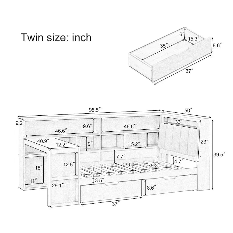 Canapé-lit en bois en L avec bureau, bibliothèque avec placard, lit d’angle avec tiroirs sous le lit, tête de lit rembourrée avec éclairage intégré