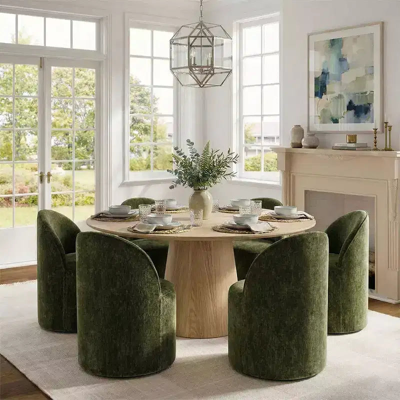 Ensemble de salle à manger moderne pour 6 personnes, table à manger ronde avec pied central, chaises de salle à manger pivotantes à roulettes, tissu chenille texturé - Panipeachy