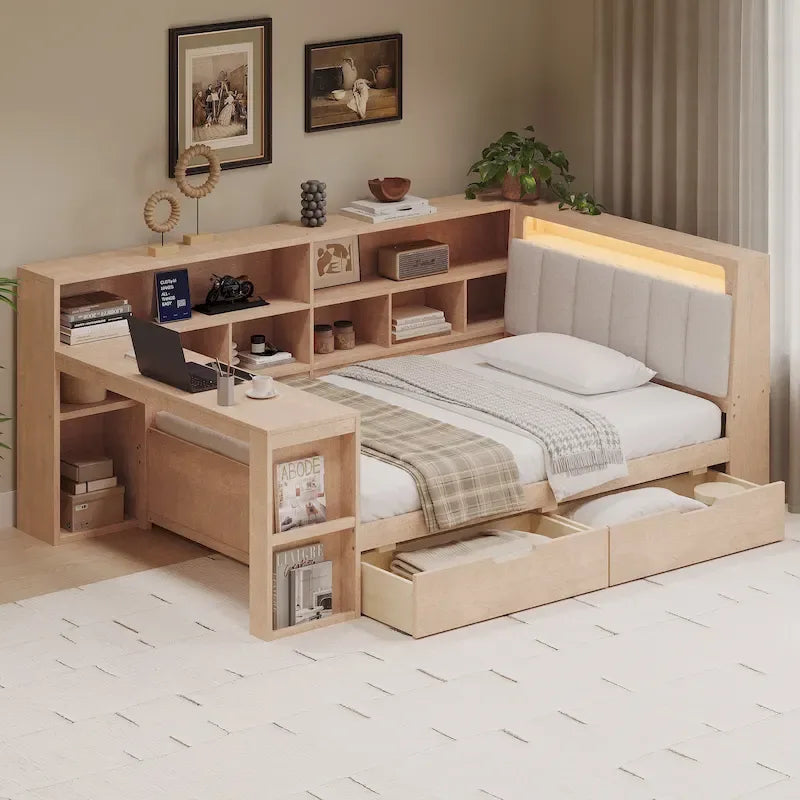 Canapé-lit en bois en L avec bureau, bibliothèque avec placard, lit d’angle avec tiroirs sous le lit, tête de lit rembourrée avec éclairage intégré