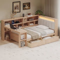 Canapé-lit en bois en L avec bureau, bibliothèque avec placard, lit d’angle avec tiroirs sous le lit, tête de lit rembourrée avec éclairage intégré