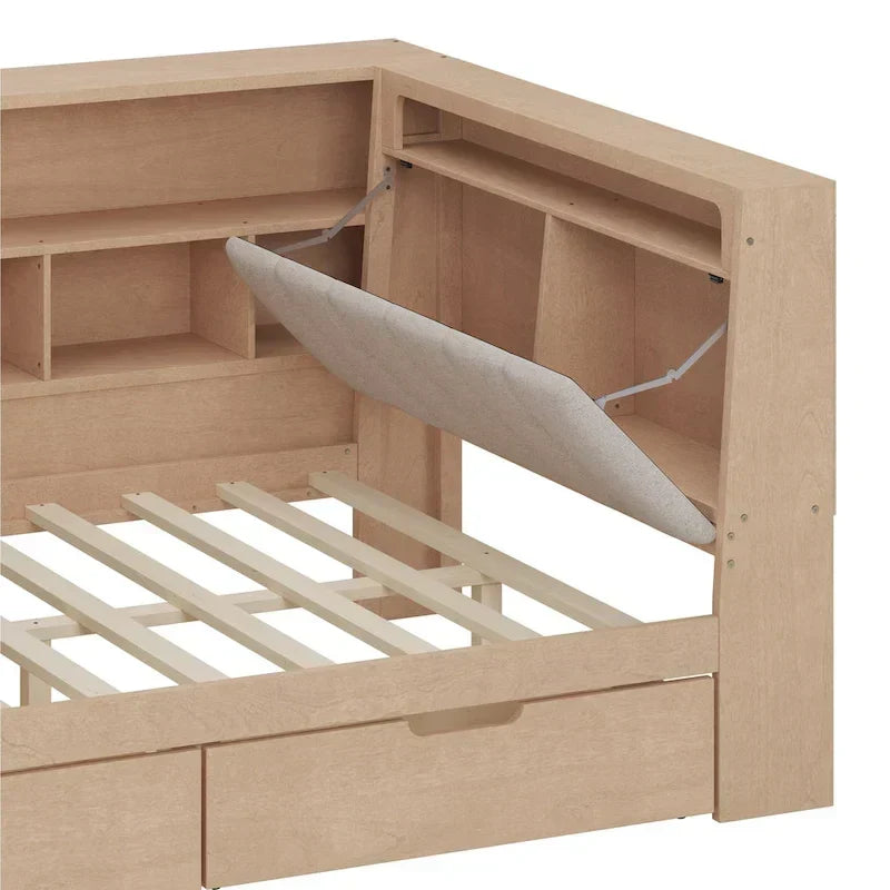 Canapé-lit en bois en L avec bureau, bibliothèque avec placard, lit d’angle avec tiroirs sous le lit, tête de lit rembourrée avec éclairage intégré