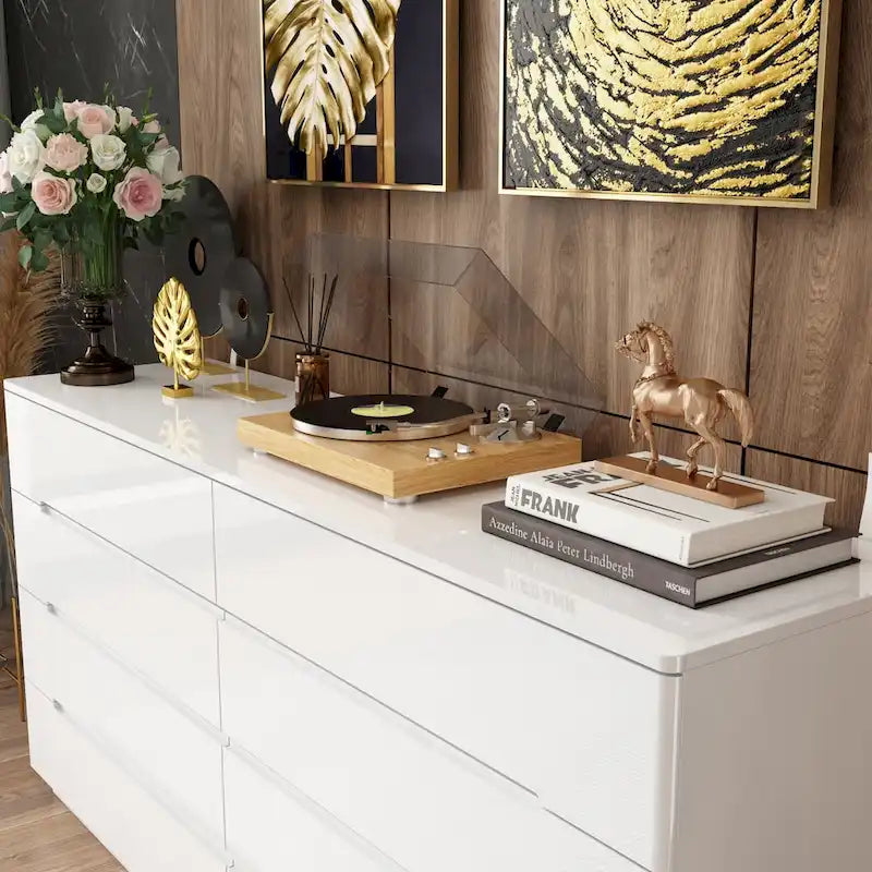 Commode 63 à finition haute brillance avec caisson éclairé à 8 tiroirs et plateau spacieux