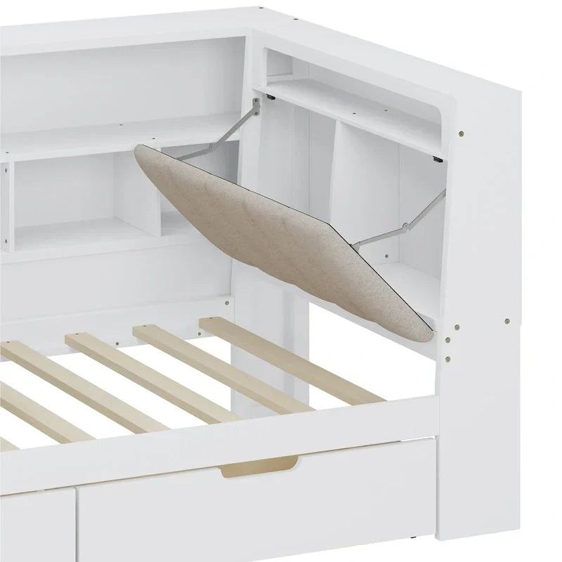 Canapé-lit en bois en L avec bureau, bibliothèque avec placard, lit d’angle avec tiroirs sous le lit, tête de lit rembourrée avec éclairage intégré