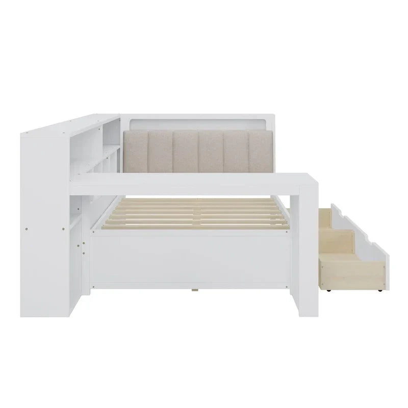 Canapé-lit en bois en L avec bureau, bibliothèque avec placard, lit d’angle avec tiroirs sous le lit, tête de lit rembourrée avec éclairage intégré