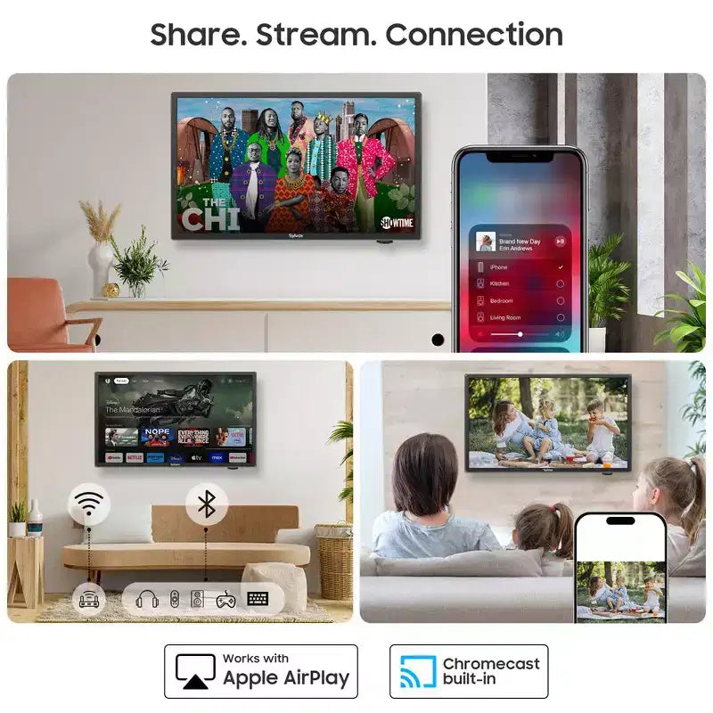 Téléviseur intelligent SYLVOX pour camping-car, téléviseur 12 volts de 24 pouces pour camping-car, le tout dernier Google TV avec Google Assistant, petit téléviseur intelligent Full HD 1080p alimenté en courant continu/alternatif (série Vechiel)