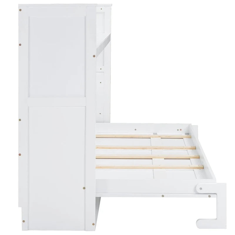 Lit escamotable Twin XL avec bureau et lumière LED, cadre en bois massif avec station de recharge USB, pour petits espaces et bureaux à domicile